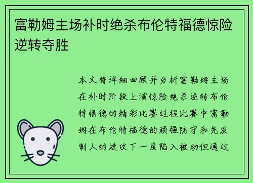 富勒姆主场补时绝杀布伦特福德惊险逆转夺胜 富勒姆主场补时绝杀布伦特福德惊险逆转夺胜