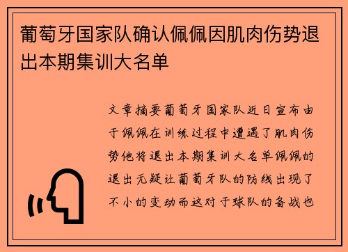 葡萄牙国家队确认佩佩因肌肉伤势退出本期集训大名单 葡萄牙国家队确认佩佩因肌肉伤势退出本期集训大名单