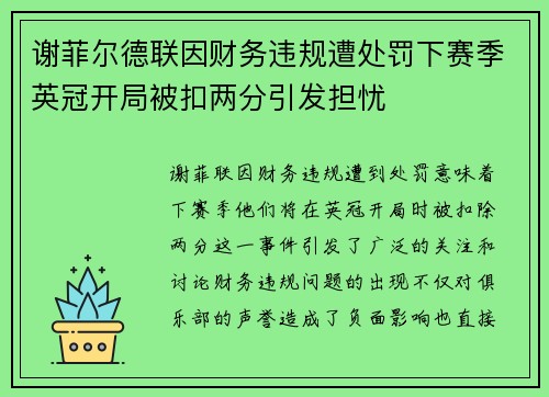 谢菲尔德联因财务违规遭处罚下赛季英冠开局被扣两分引发担忧 谢菲尔德联因财务违规遭处罚下赛季英冠开局被扣两分引发担忧