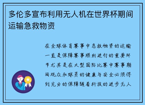 多伦多宣布利用无人机在世界杯期间运输急救物资 多伦多宣布利用无人机在世界杯期间运输急救物资